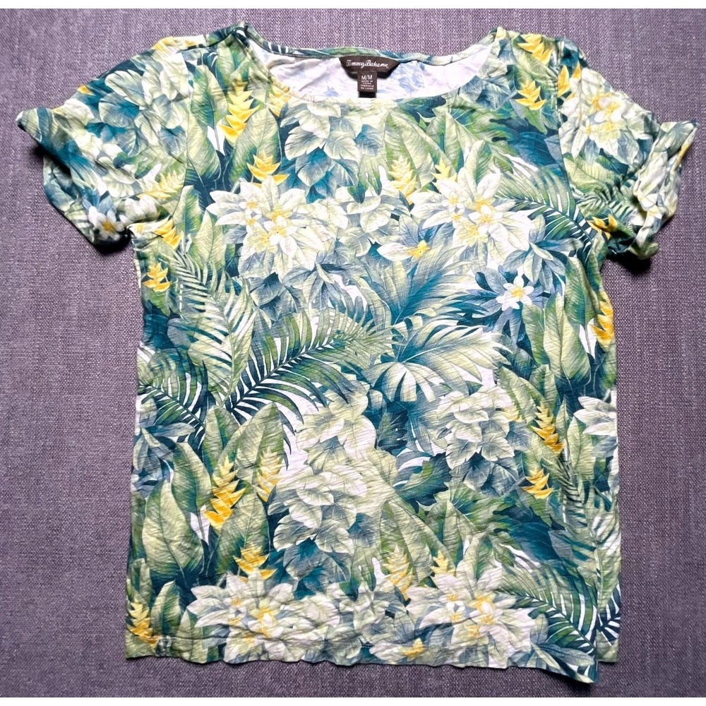 Tommy Bahama Womens T Shirt Medium Multicolor Leaf Print Cuffed Sleeve Tropical